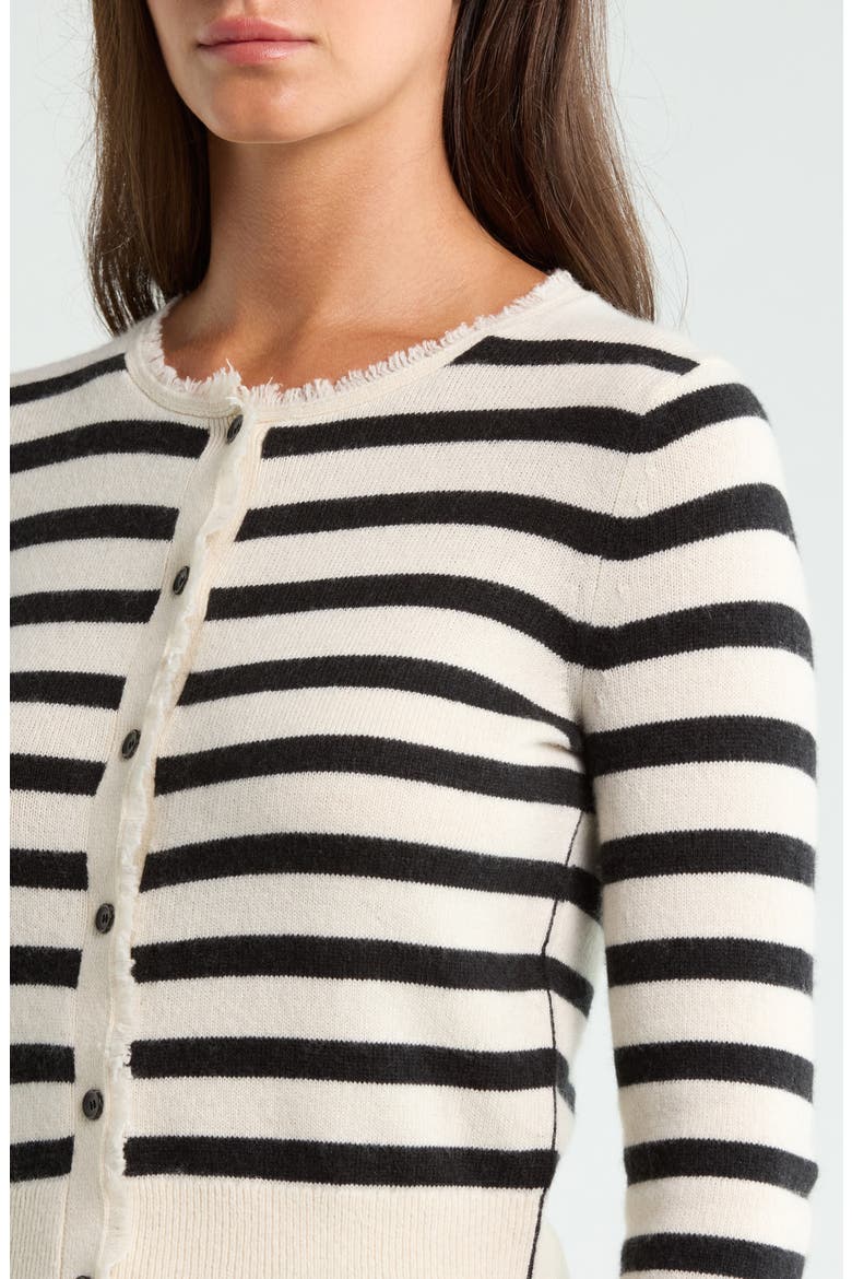 Fringe Trim Stripe Cashmere & Organic Cotton Cardigan, Alternate, color, IVORY/ BLACK STRIPE