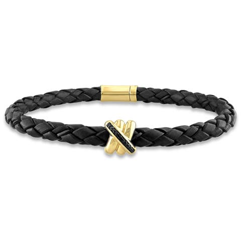 Diamond Crossover Motif Black Leather Bracelet 14k