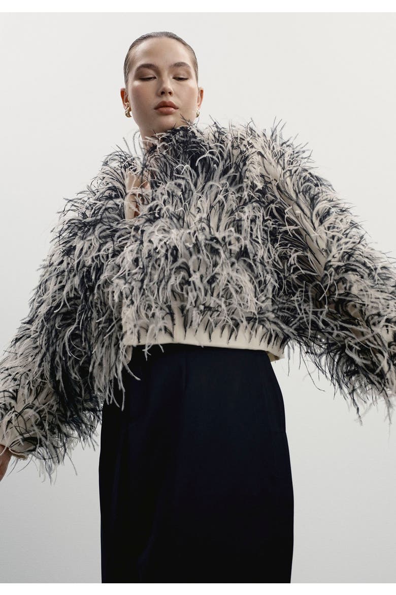Ostrich Feather Cropped Jacket, Alternate, color, CREAM AND BLACK