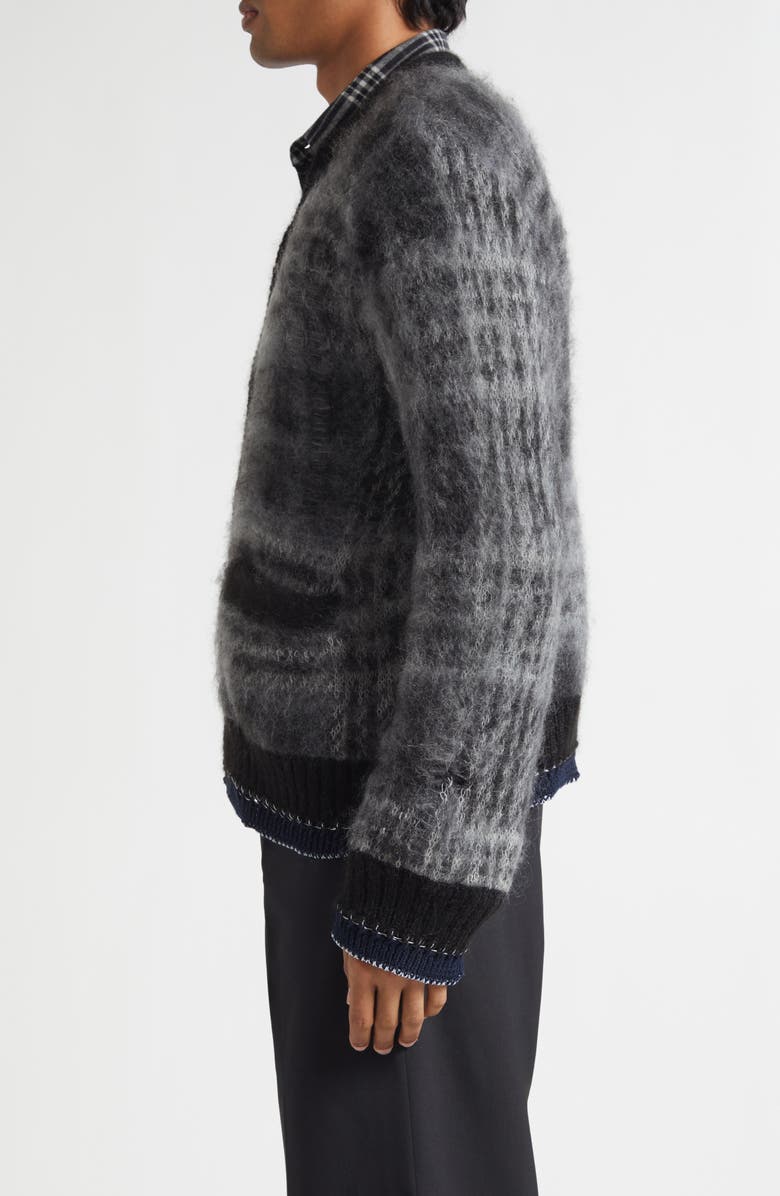 Sacai Plaid Distressed Mohair Blend Cardigan, Alternate, color, Black