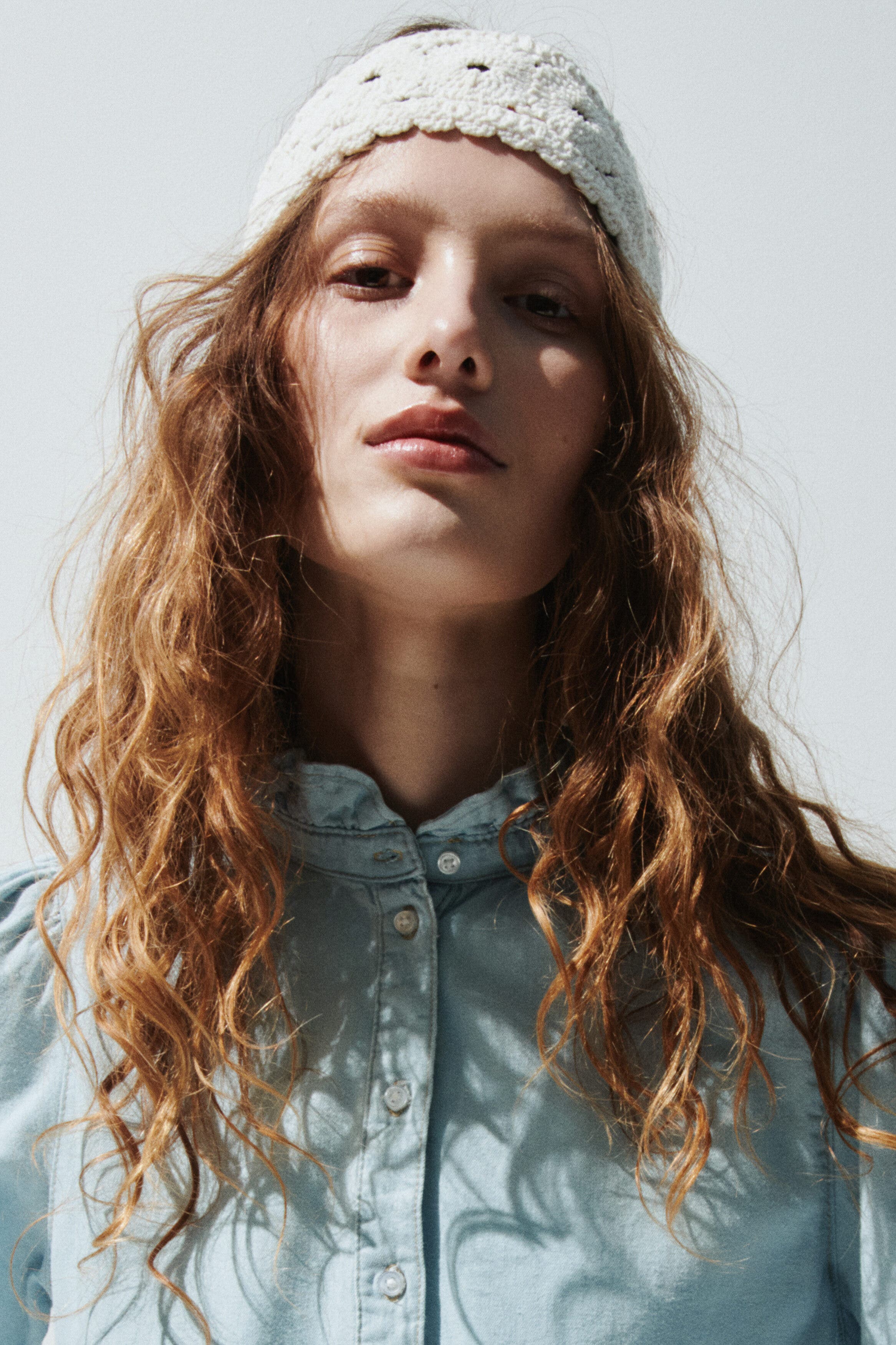 Ruffle-trimmed denim blouse - image 2