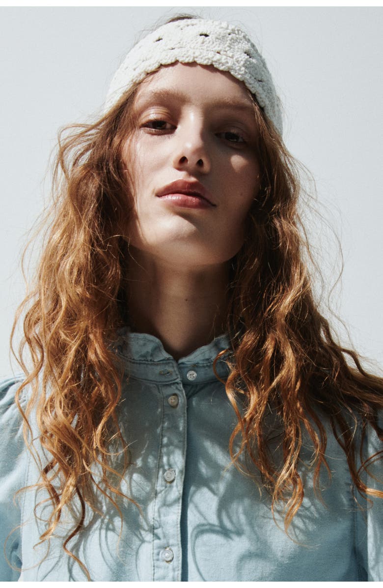 H&M Ruffle-trimmed denim blouse, Alternate, color, Pale Denim Blue