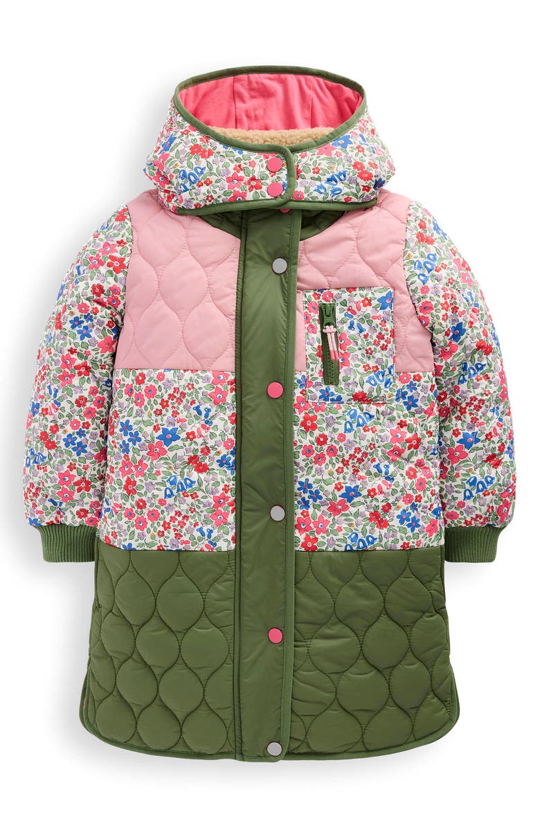 Mini Boden Kids' Mixed Print Onion Quilted Longline Coat, Main, color, Rose Pink Flowerbed