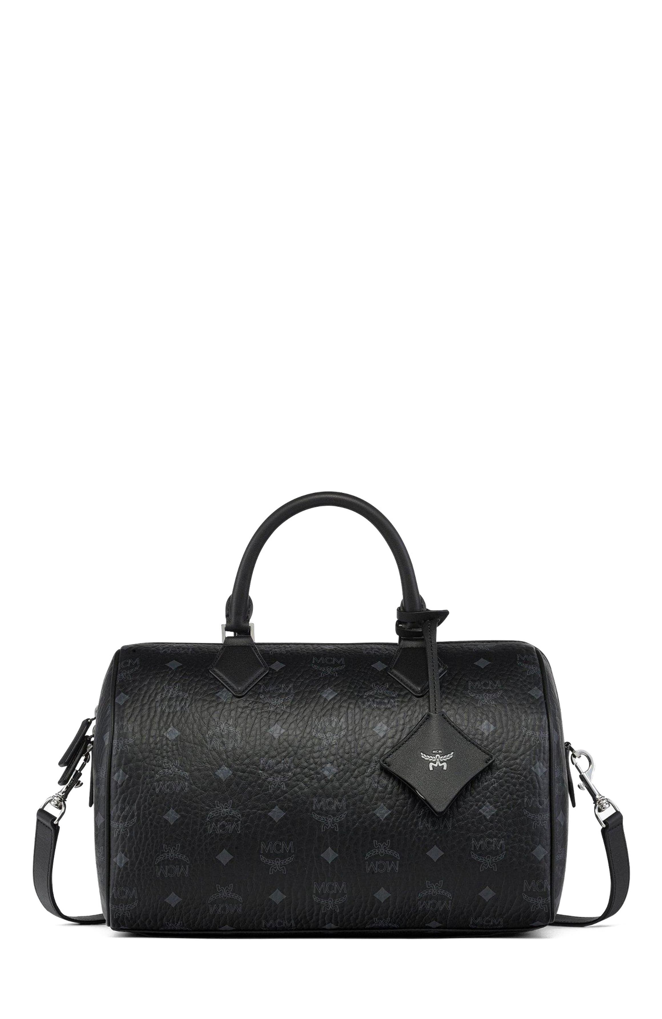 MCM Medium Ella Boston Bag in Visetos, Main, color, Black