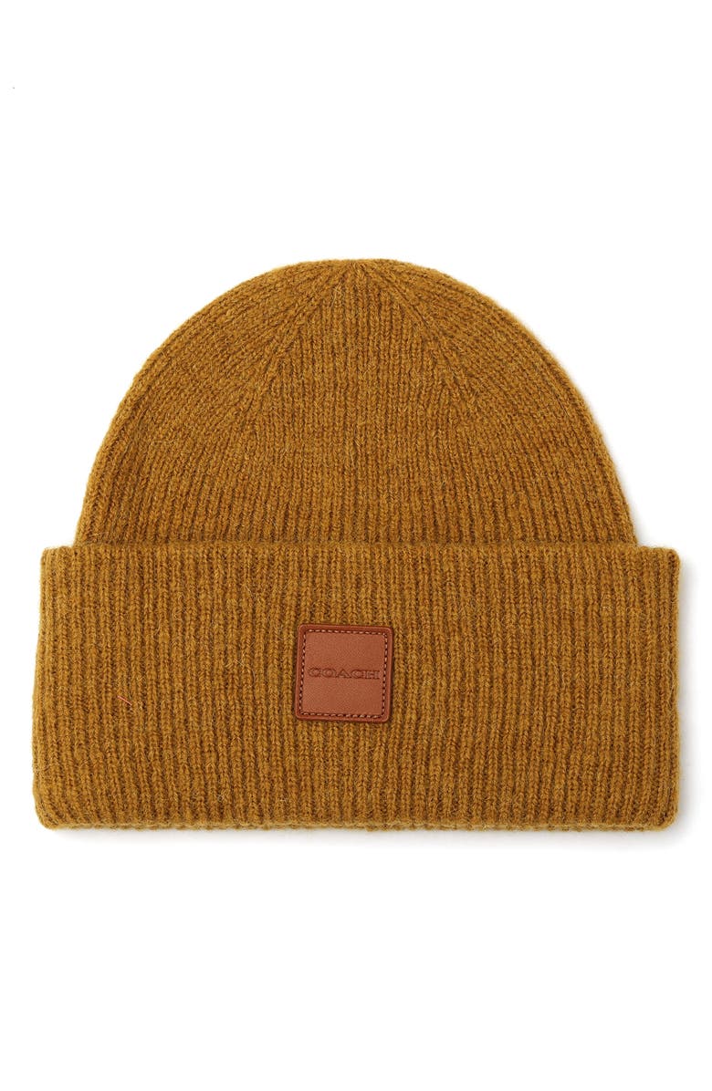 COACH Leather Patch Rib Beanie, Main, color, Honey Brown