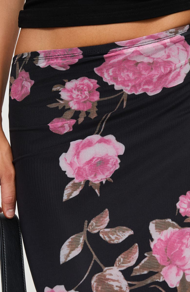 Princess Polly Modalla Floral Print Mesh Maxi Skirt, Alternate, color, Black