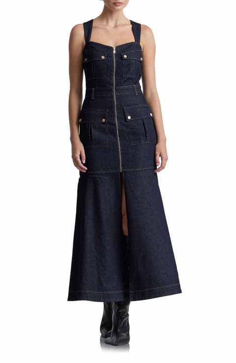 Denim Cargo Fit & Flare Maxi Dress