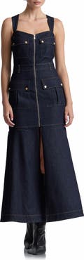 Avec Les Filles Denim Cargo Fit & Flare Maxi Dress