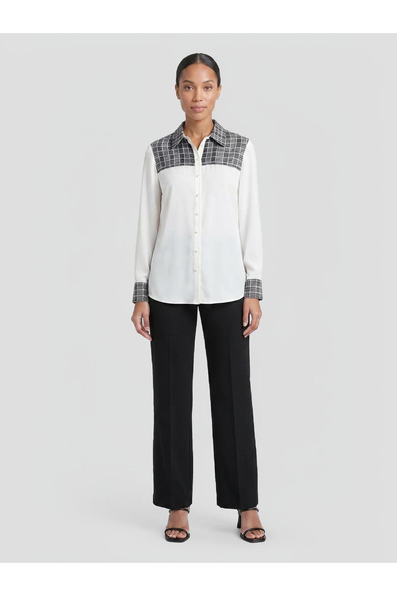 Mixed Media Plaid Crepe de Chine Blouse, Alternate, color, White/Black