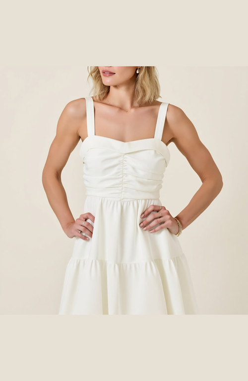 Modenaire Ruched Sweetheart Neck Mini Dress With Straps And Flared Hem