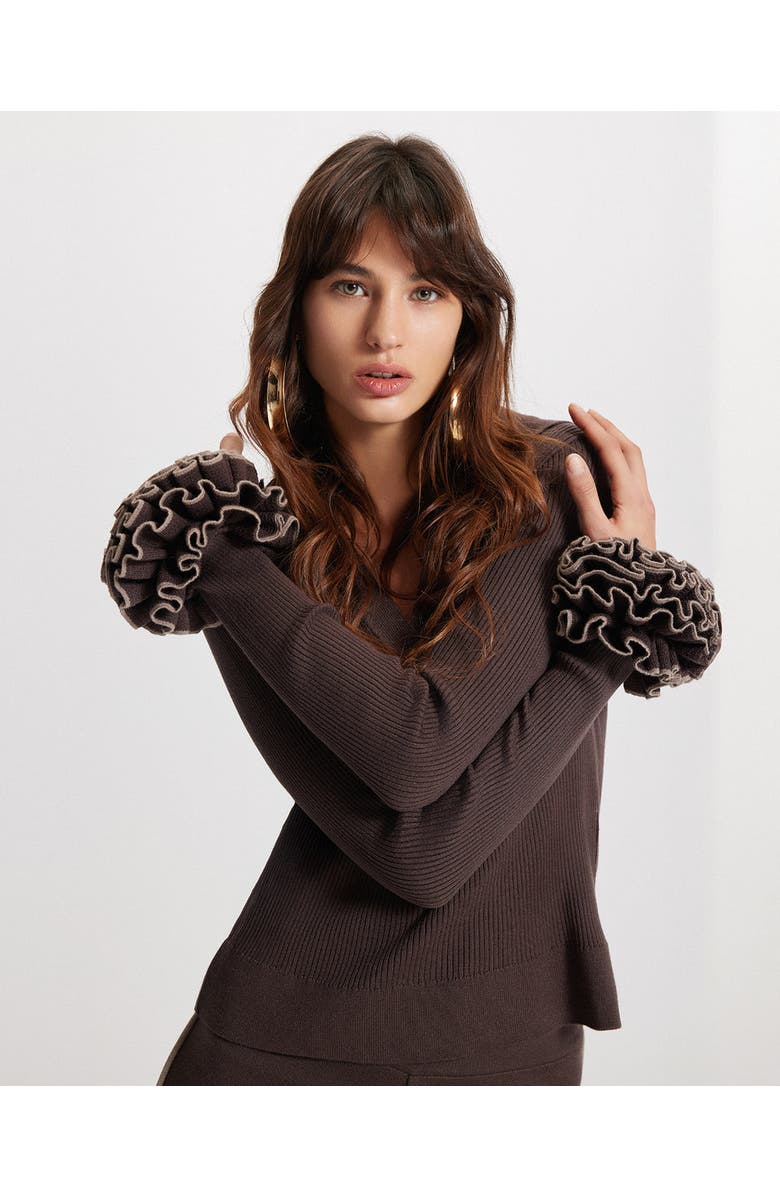 THEO The Label Nomia Ruffle Sleeve Johnny Sweater, Alternate, color, Koffee/Wheat