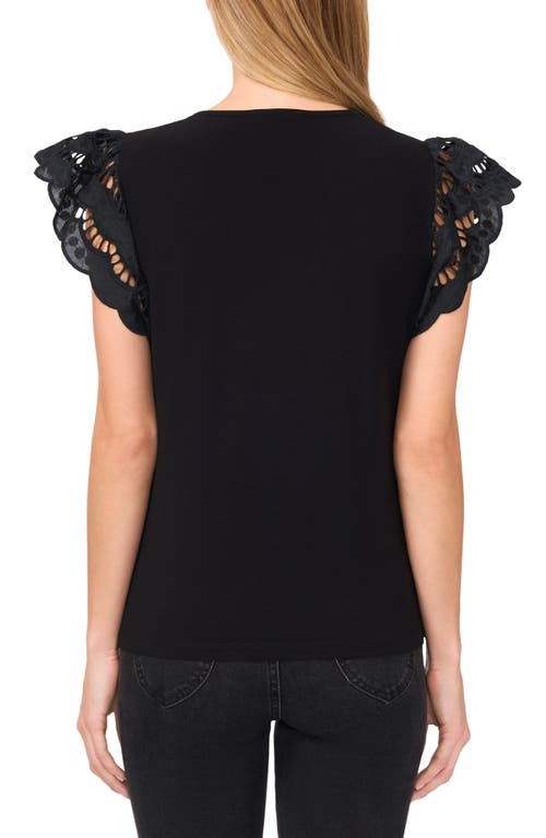 CECE CECE EMBROIDERED FLUTTER SLEEVE MIXED MEDIA TOP 