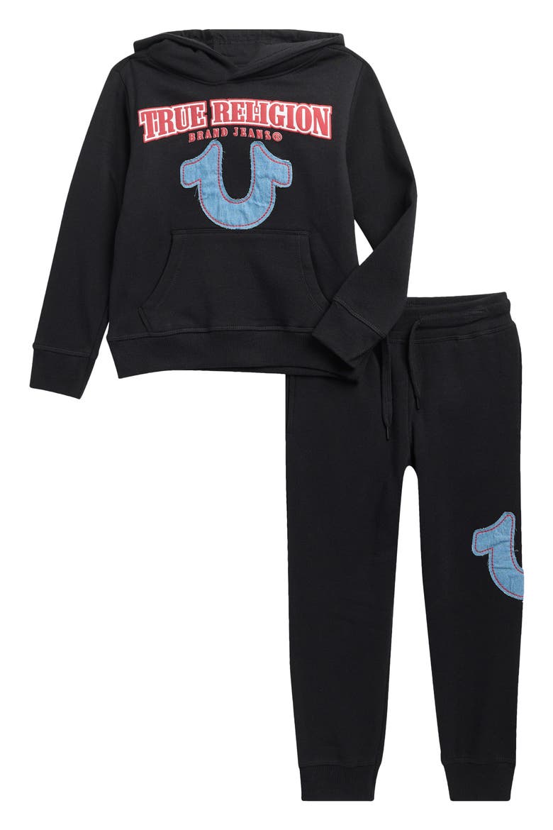 Kids' Horseshoe Logo Appliqué Hoodie & Joggers Set, Main, color, BLACK