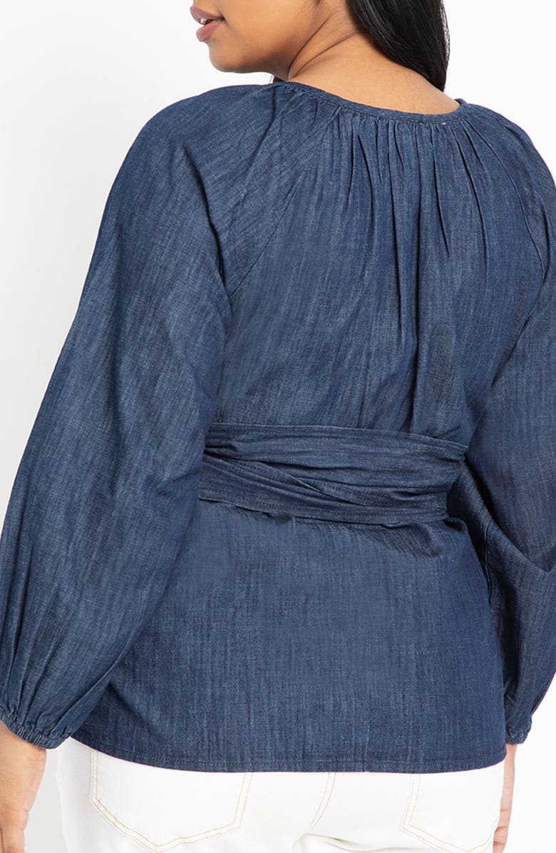 ELOQUII Chambray Tie Waist Top, Alternate, color, 