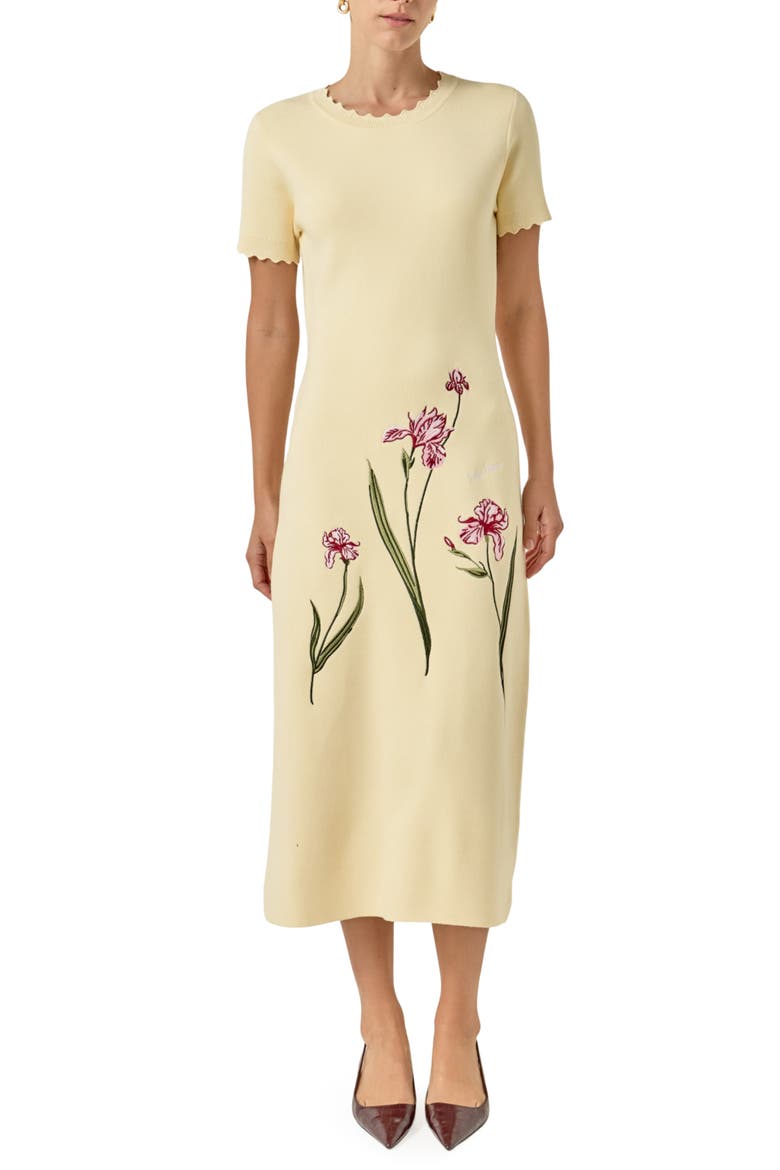 Floral Embroidered Knit Midi Dress, Main, color, WARM IVORY