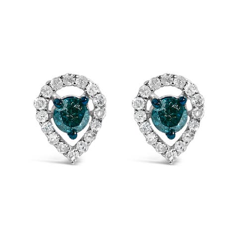 Sterling Silver 1/2 Cttw Blue and White Diamond Pear Shape Halo Stud Earrings