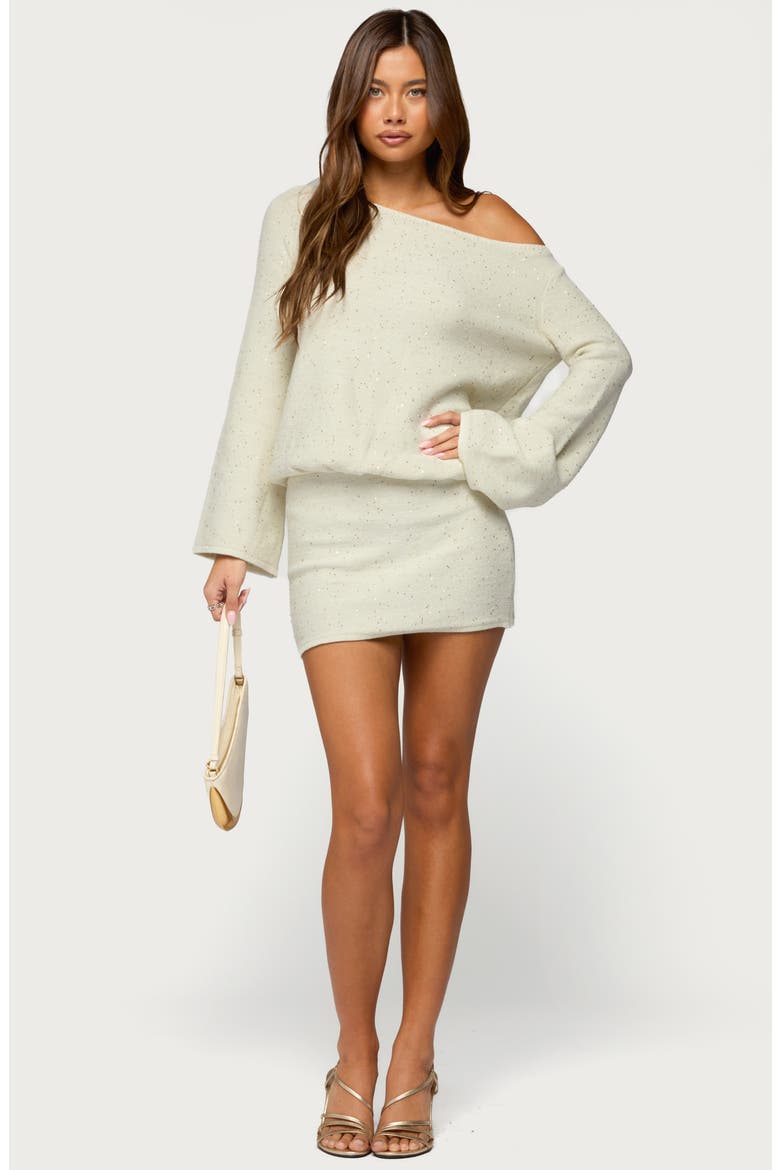 Sequin One-Shoulder Long Sleeve Knit Minidress, Alternate, color, CREAM