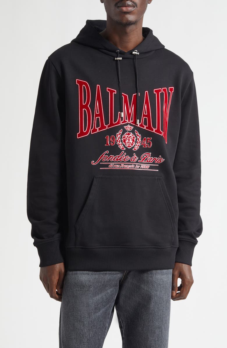 Balmain Flocked College Flag Appliqué Terry Cloth Hoodie, Main, color, Black/ Red
