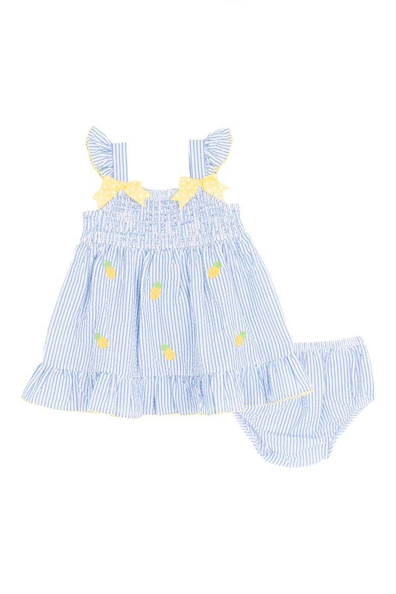 Pineapple Smocked Seersucker Dress & Bloomers Set, Main, color, BLUE