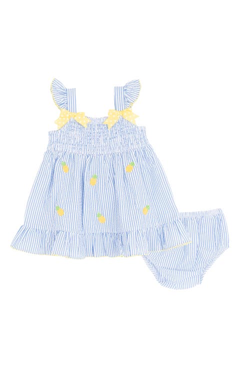 Pineapple Smocked Seersucker Dress & Bloomers Set (Baby)