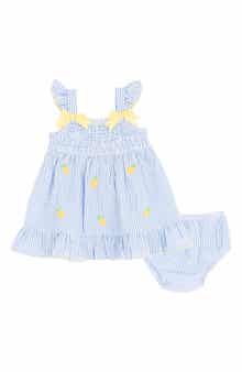 Rare Editions Ruffle Shirred Seersucker Dress & Bloomers