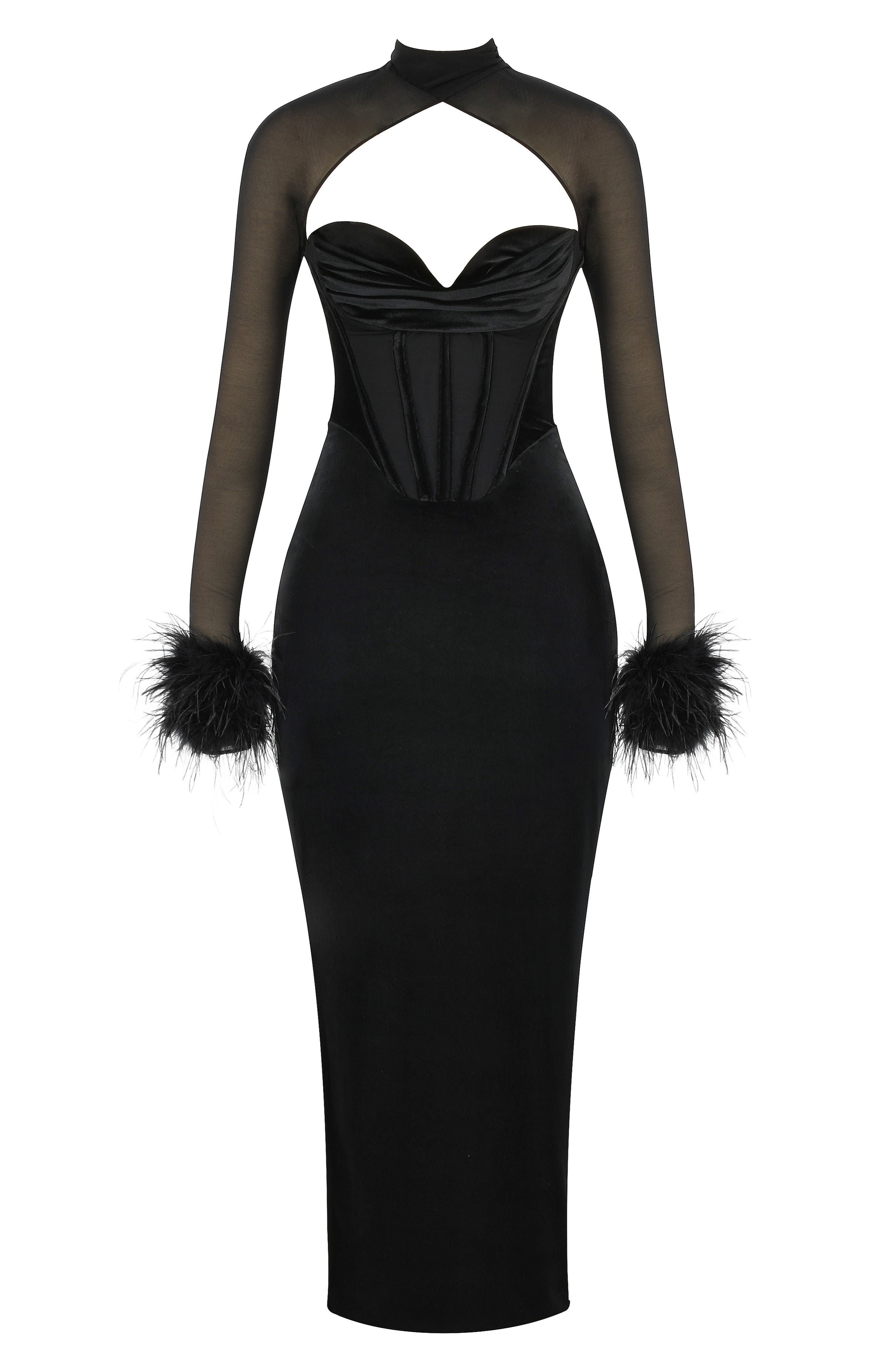 thalia long sleeve feather trim velvet corset dress with shrug Rent Thalia Velvet Corset Maxi - House of CB