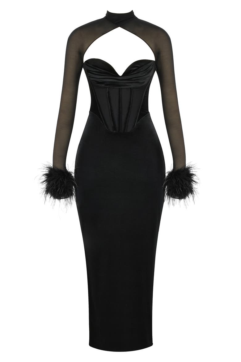 Thalia Long Sleeve Feather Trim Velvet Corset Dress with Shrug, Alternate, color, BLACK