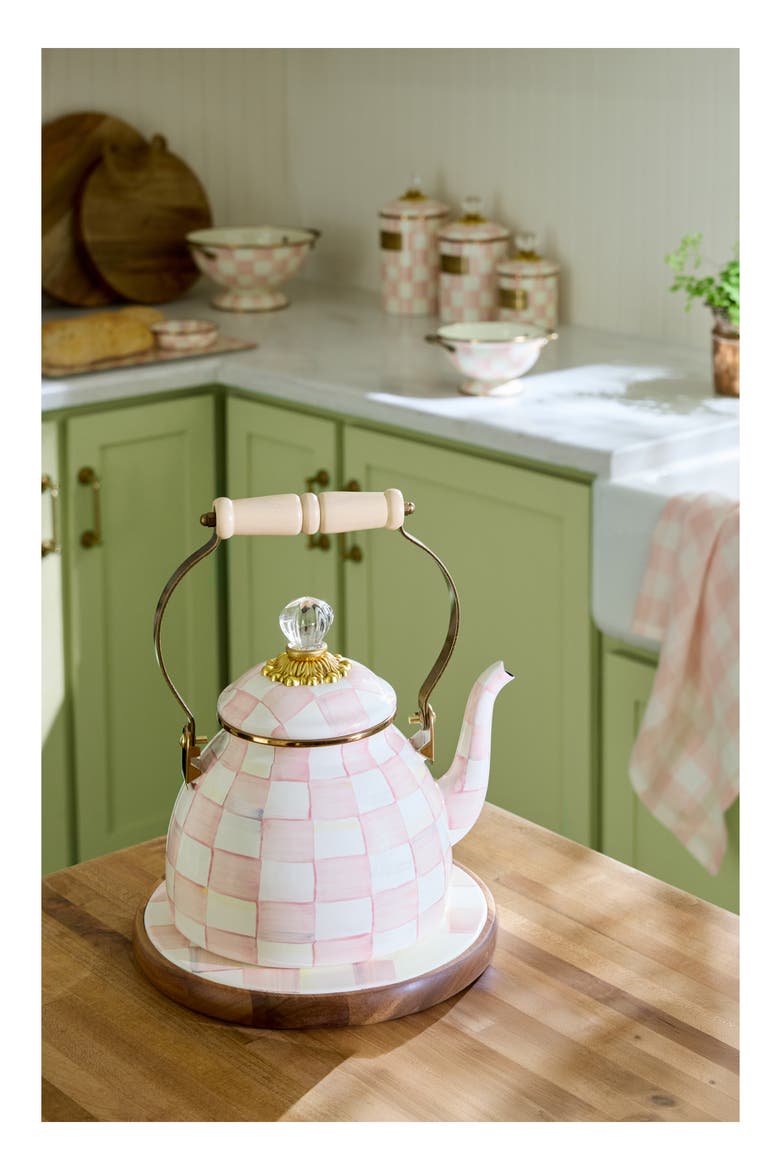 Rosy Check Enameled Steel 2-Quart Tea Kettle, Alternate, color, PINK/ WHITE
