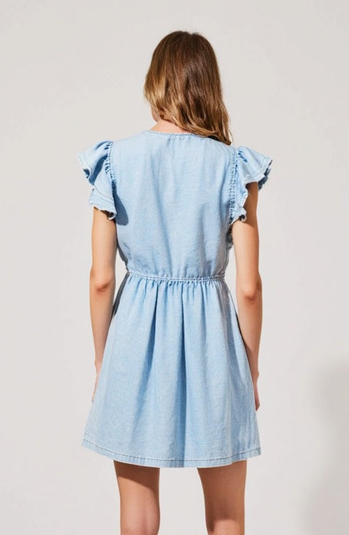 Modenaire Sleeveless Ruffle Denim Mini Dress With Bow-tie Front In Blue