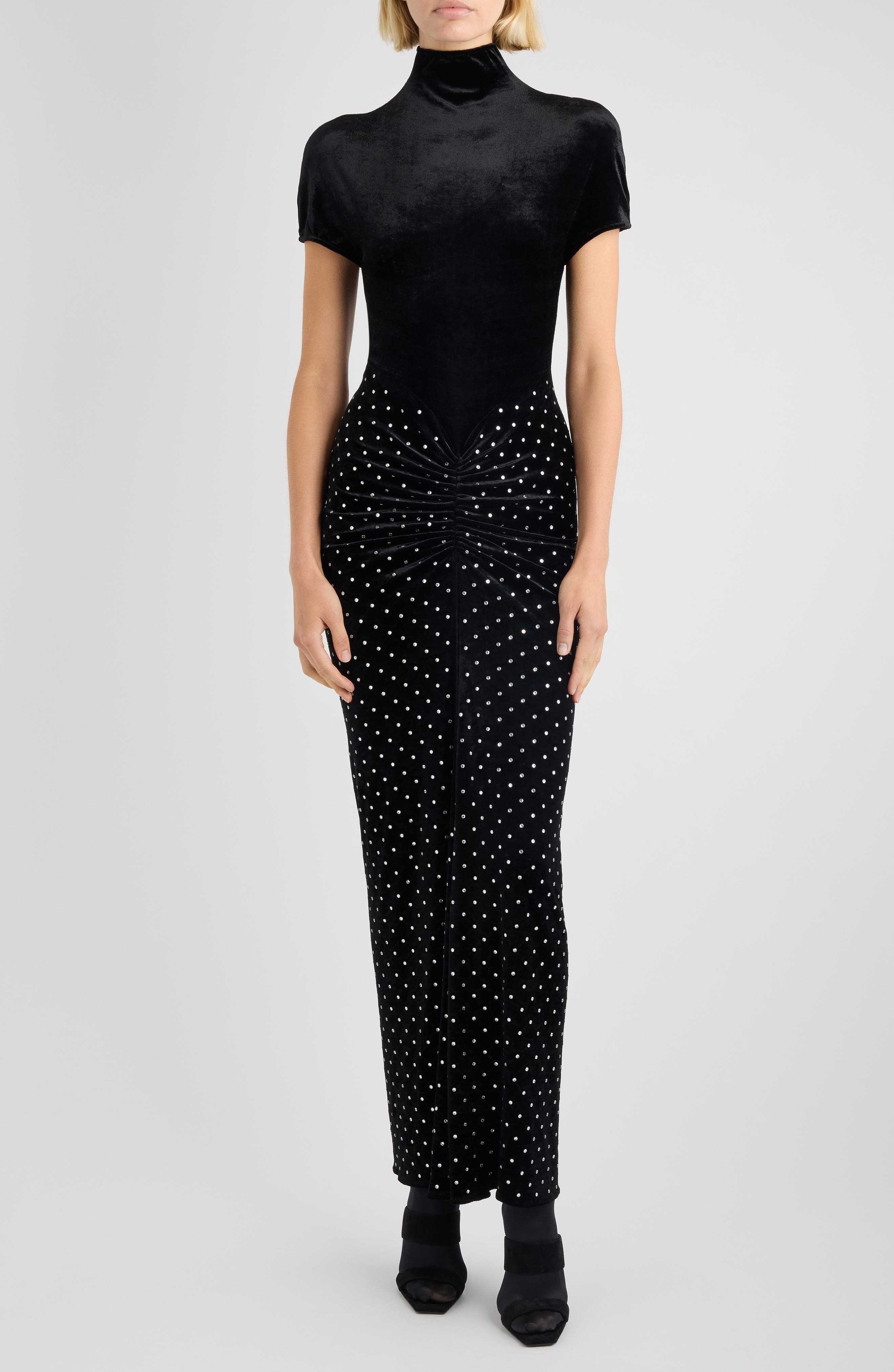 Crystal Embellished Draped Velvet Gown