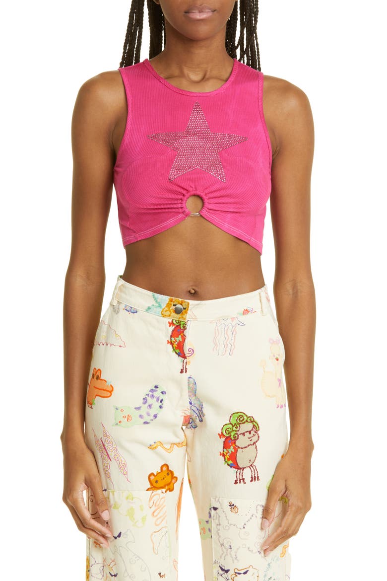 Crop Rhinestone Star Cutout Rib Tank, Main, color, HOT PINK
