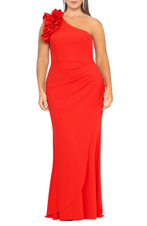 Ruffle Detail One-Shoulder Sheath Gown (Plus)