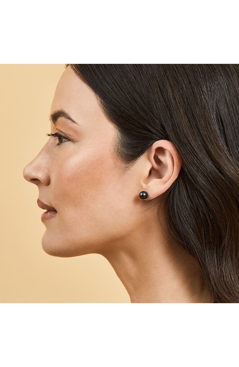The Pearl Source Akoya Round Pearl Stud Earrings 7-7.5mm, Alternate, color, Black Pearl - Yellow Gold