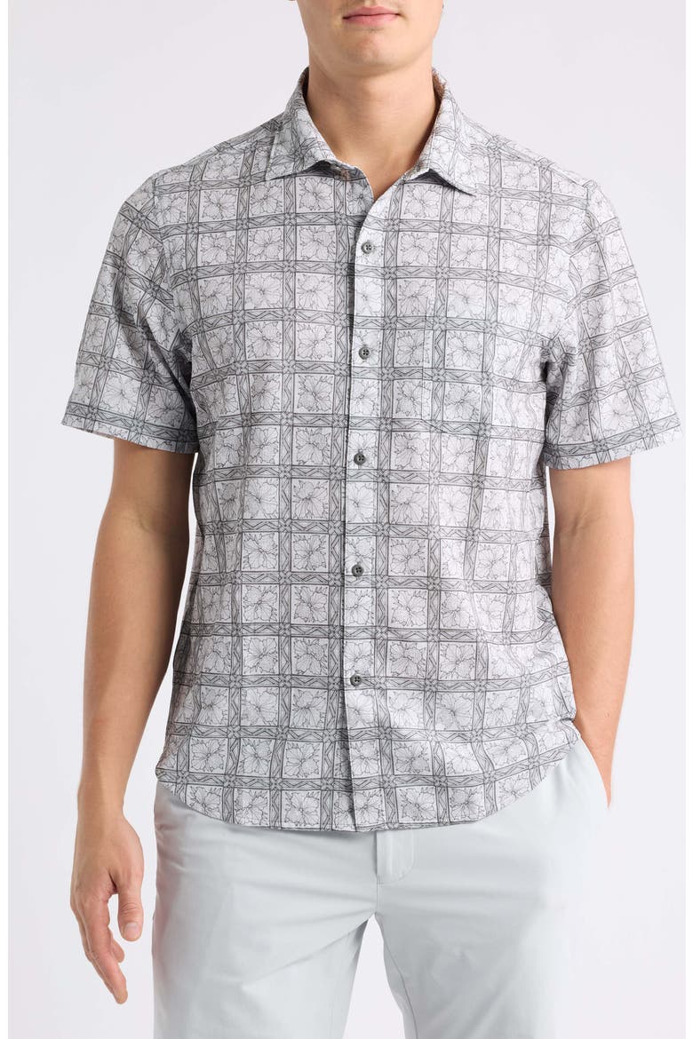Bahama Coast Flora Check IslandZone® Short Sleeve Button-Up Shirt, Main, color, ASH GREY