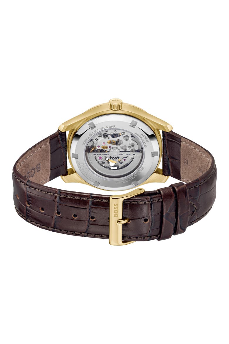 Principle Skeleton Automatic Leather Strap Watch, 41mm, Alternate, color, GRAY