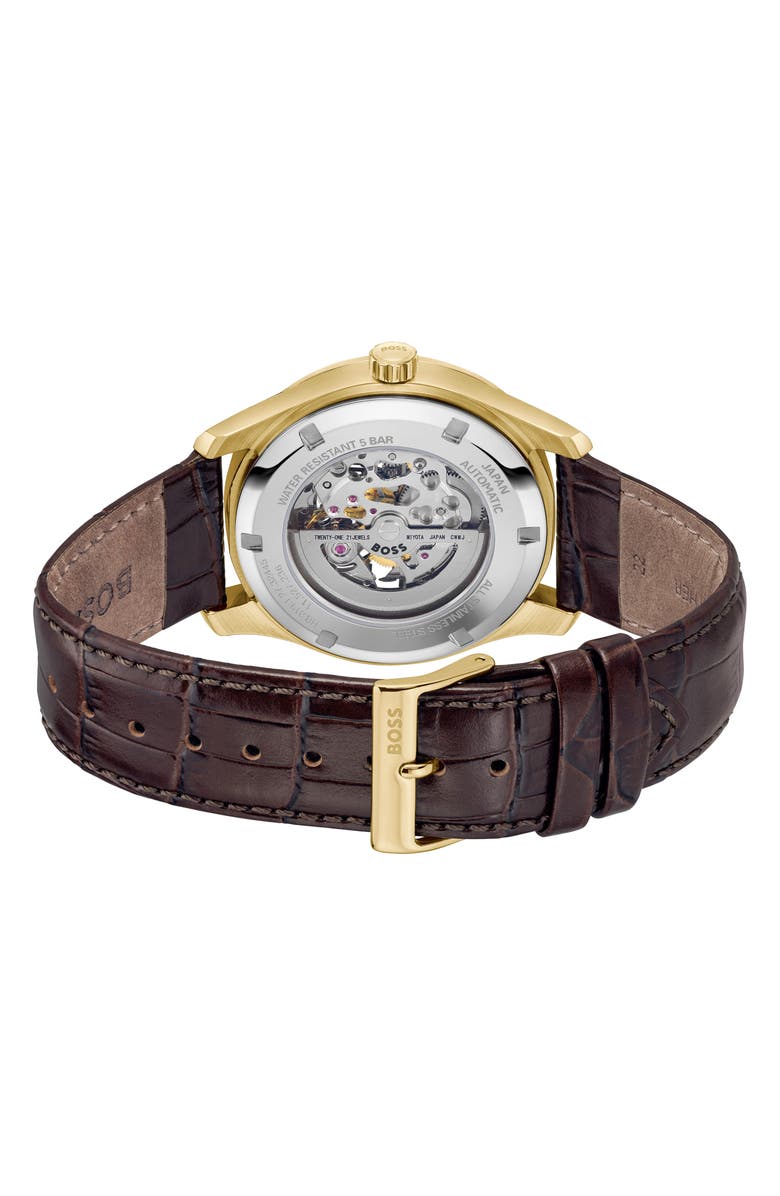 BOSS Principle Skeleton Automatic Leather Strap Watch, 41mm, Alternate, color, 