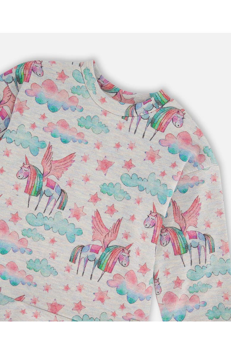 Deux par Deux Girl's Printed Shiny French Terry Dress Gray Mix Printed Unicorn, Alternate, color, 