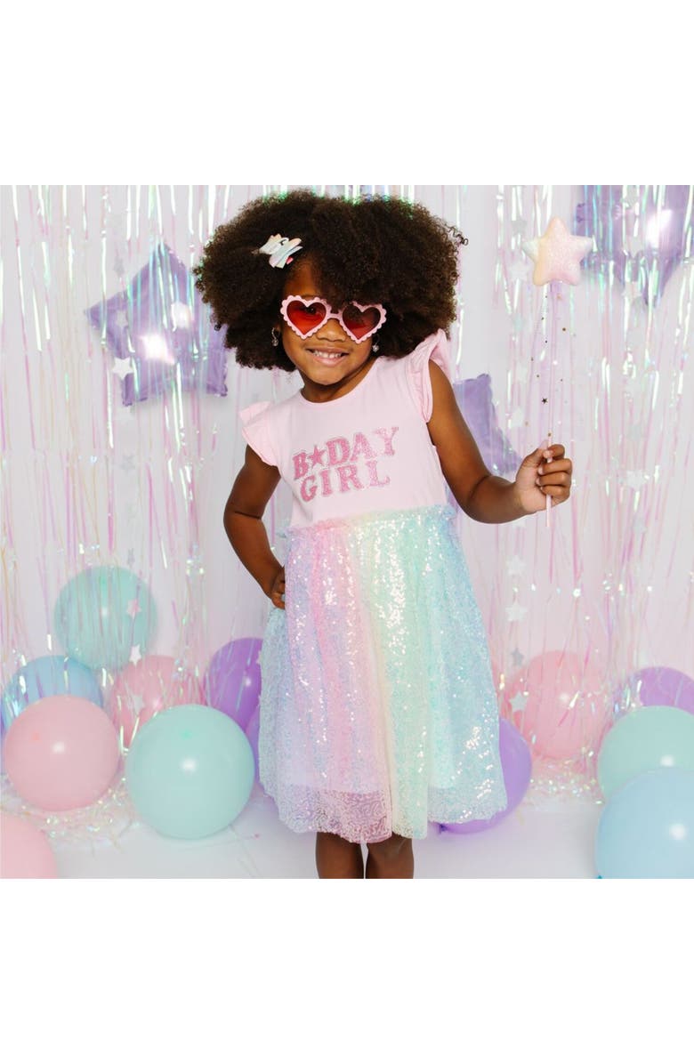 Sweet Wink Birthday Girl Patch Rainbow Ombre Sequin Short Sleeve Tutu Dress, Alternate, color, 