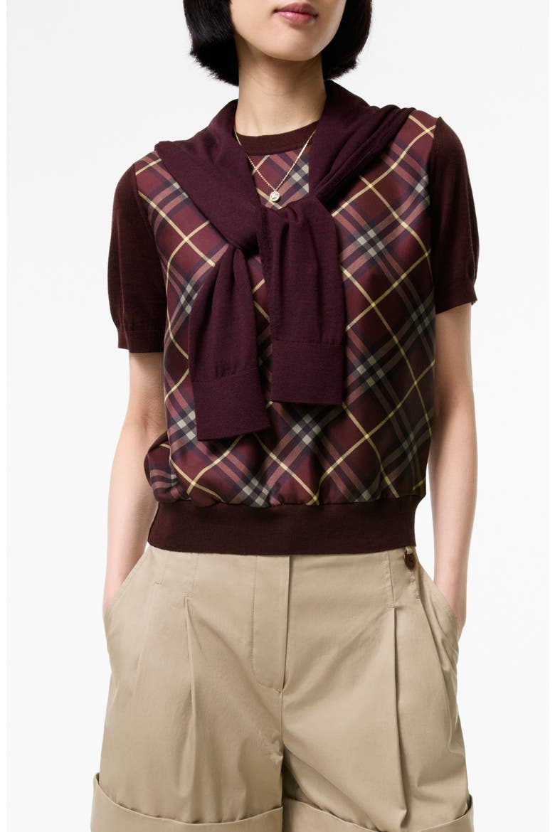 Sandrina Scarf Front Short Sleeve Wool & Silk Crewneck Sweater, Main, color, VINEYARD RED