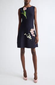 Oscar de la Renta Mixed Botanical Embroidered Wool Knit Dress