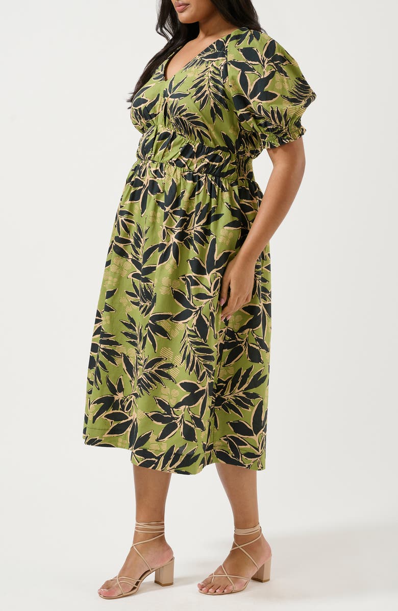 Estelle Wildleaf Print Puff Sleeve Midi Dress, Alternate, color, Green Print