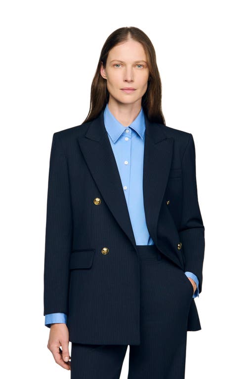 Sandro Womens Navy Blue Pinstripe Long-sleeve Wool-blend Blazer In Blue