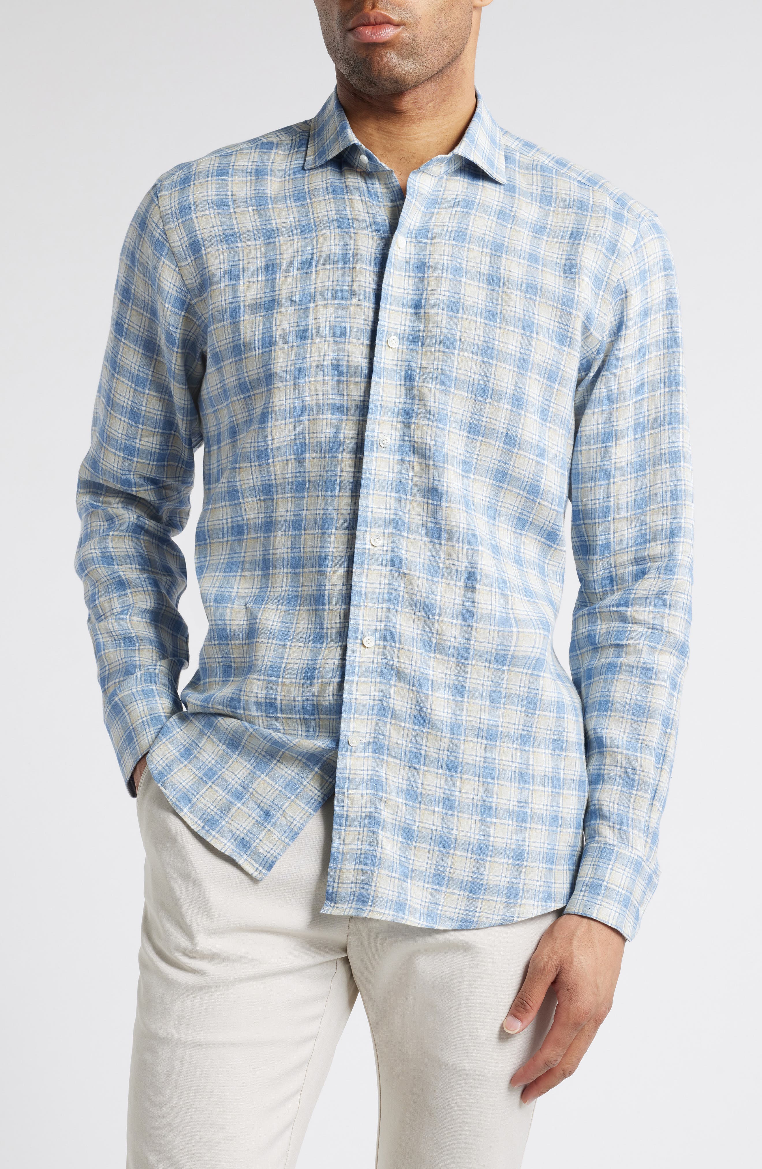 Peter Millar Ravello Tailored Fit Check Linen Button-Up Shirt