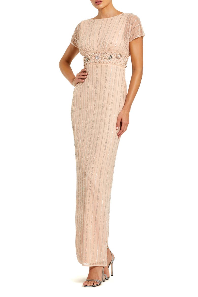 Beaded Blouson Short Sleeve Column Gown, Main, color, Rose