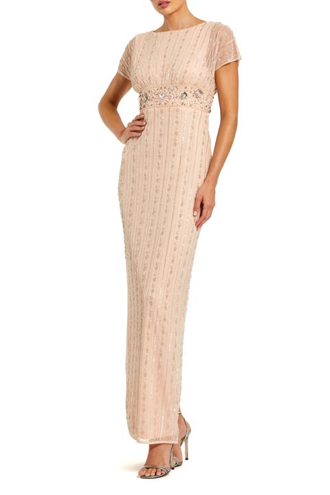 Beaded Blouson Short Sleeve Column Gown