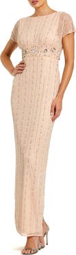 Mac Duggal Beaded Blouson Short Sleeve Column Gown