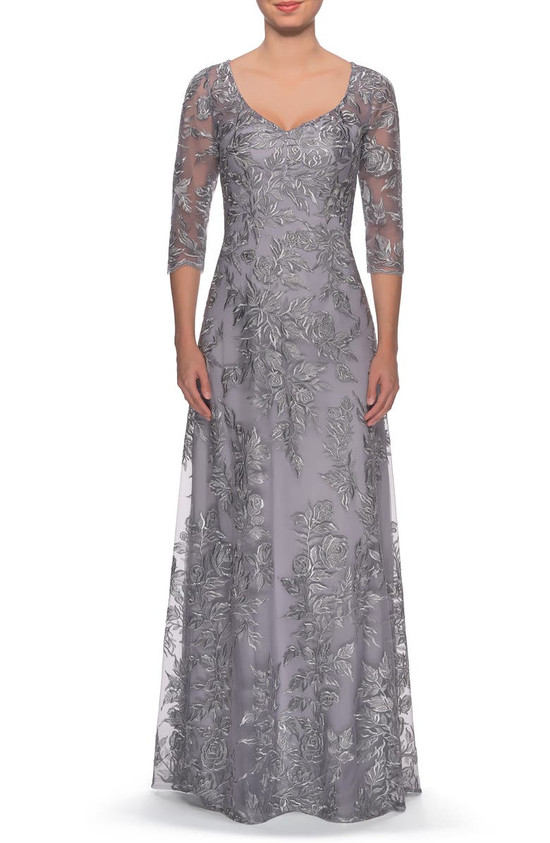 La Femme Floral Embroidered Mesh A-Line Gown, Main, color,
