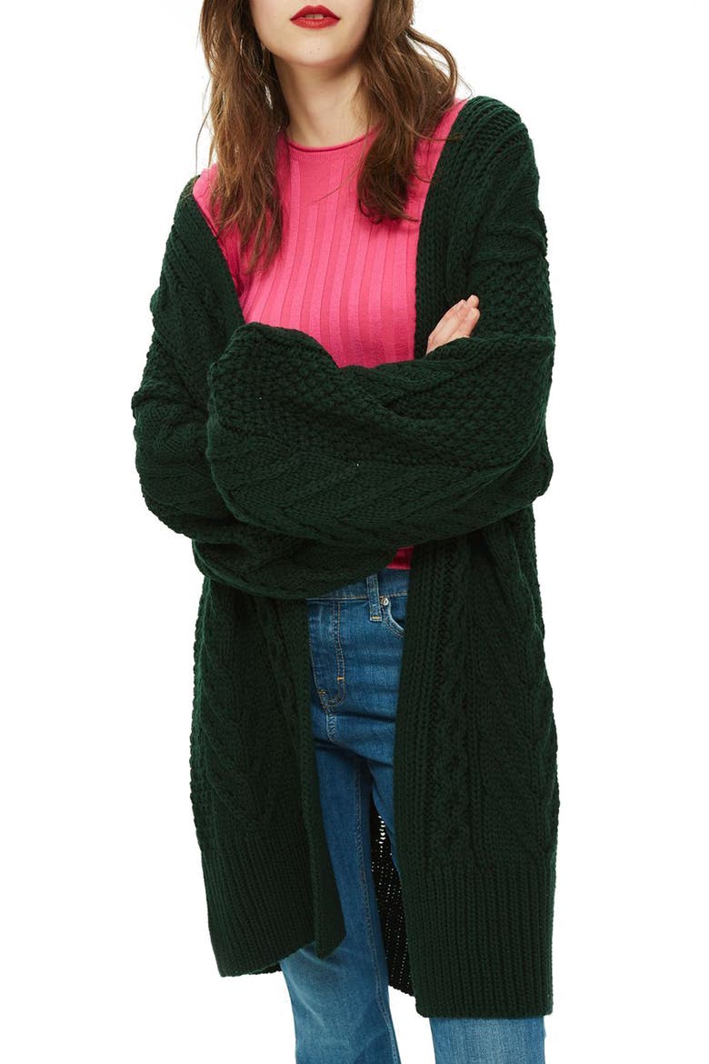 Long Open Front Cardi, Main, color, DARK GREEN