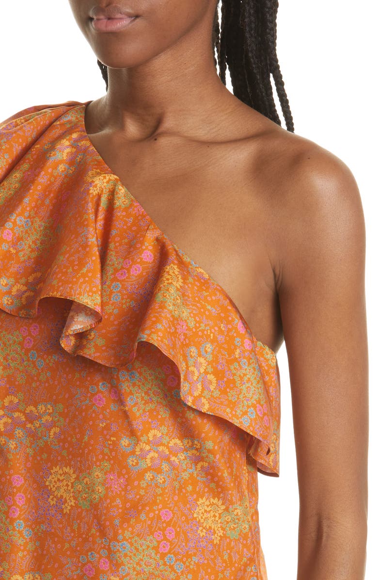 Rebecca Taylor Isabelle Ruffle One-Shoulder Silk Top, Alternate, color, Isabelle Fleur Burnt