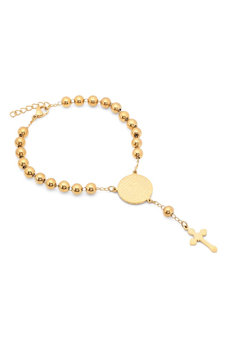 HMY JEWELRY 18K Rose Gold Plated Stainless Steel Prayer Cross Bracelet, Alternate, color, Yellow